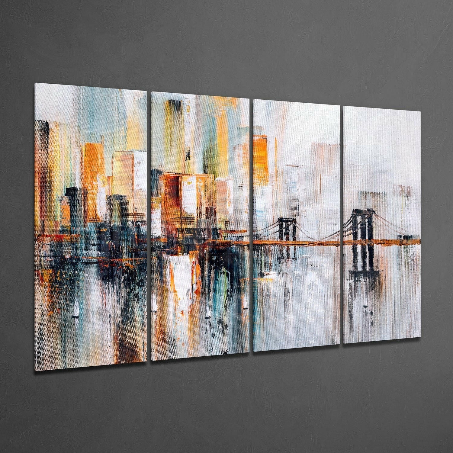 Four-panel glass wall art displaying an abstract Manhattan cityscape with skyscrapers, suspension bridge, and water reflections in orange, blue, and neutral tones.