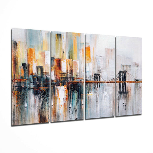 Four-panel abstract canvas art depicting a colorful Manhattan skyline with bridge reflection in muted blues, oranges, and yellows on textured surface.