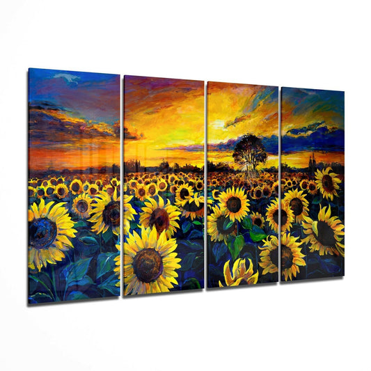 Four-panel glass wall art displaying a vibrant sunflower field at golden sunset with dramatic orange and blue sky.