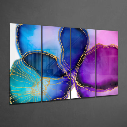Four-panel glass wall art displaying abstract floral designs with gold line work transitioning from turquoise and blue to pink and purple gradients.