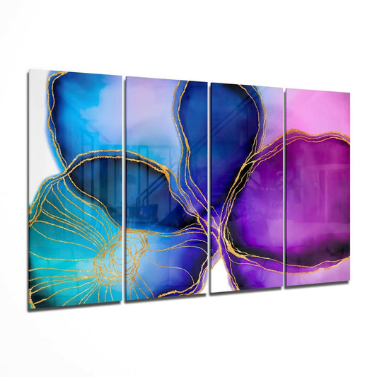 Four-panel glass wall art featuring abstract flowing gold lines on gradient backgrounds transitioning from turquoise and blue to purple and pink.