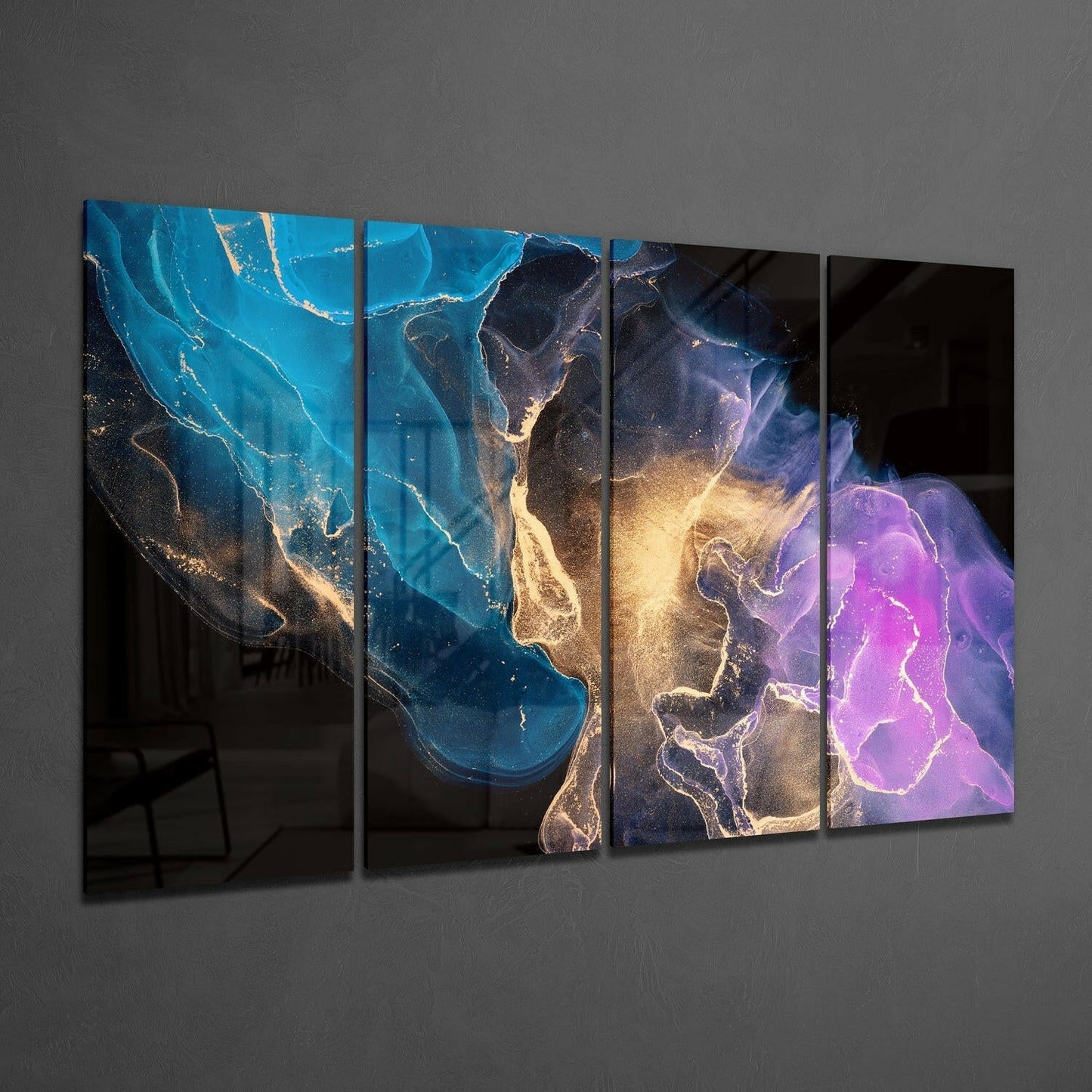 Four-panel glass wall art displaying abstract flowing patterns in blue, gold, and purple tones mounted on gray wall.