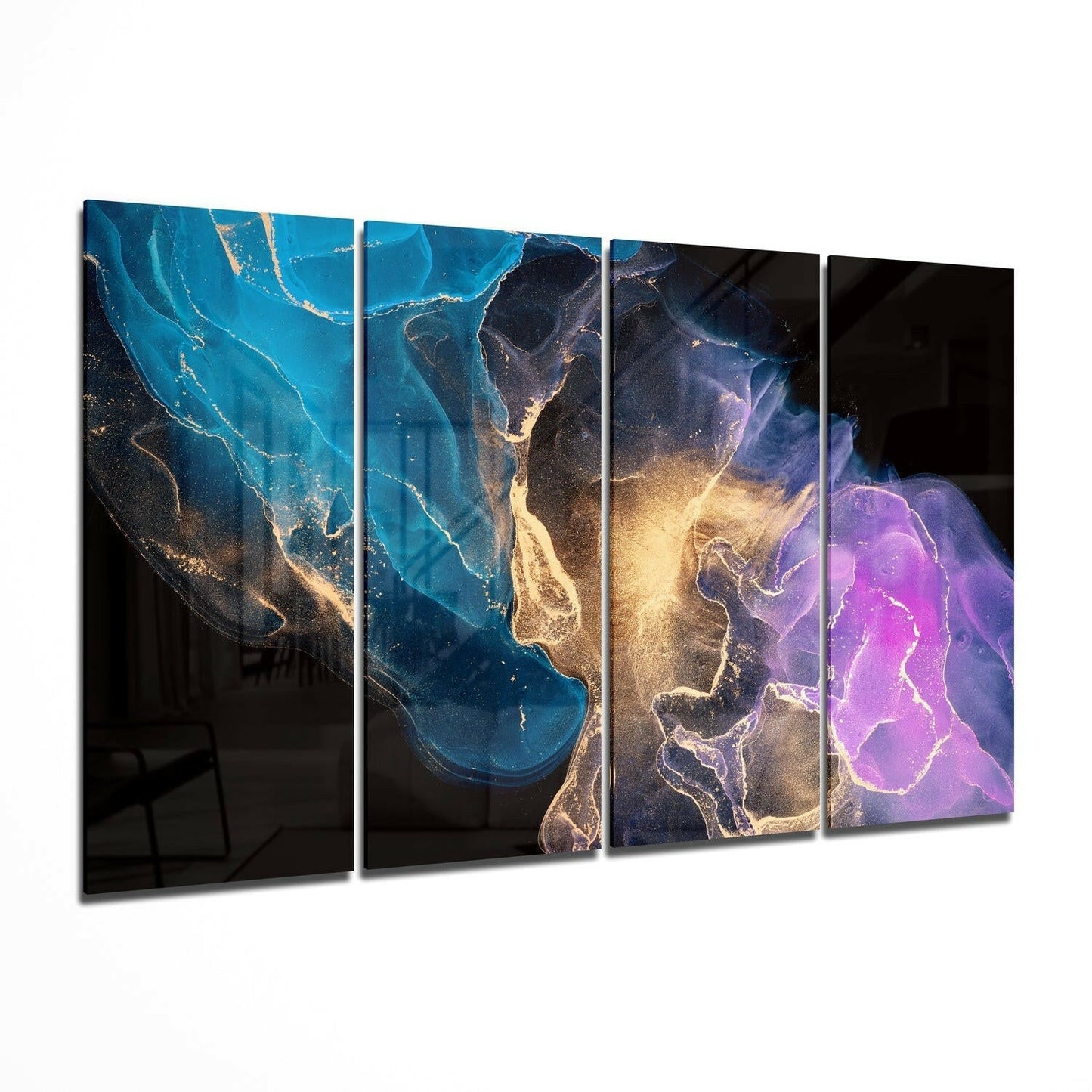 Four-panel glass wall art displaying an aerial view of coastlines transitioning from blue ocean through golden landmass to purple regions.