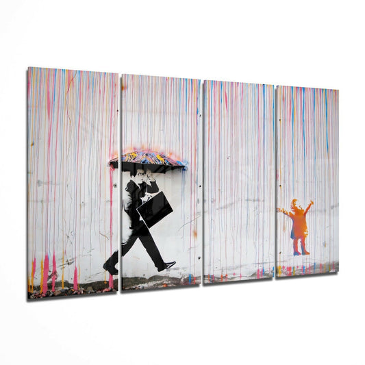 Four-panel glass wall art displaying street stencil style figures with colorful drip details on white background.
