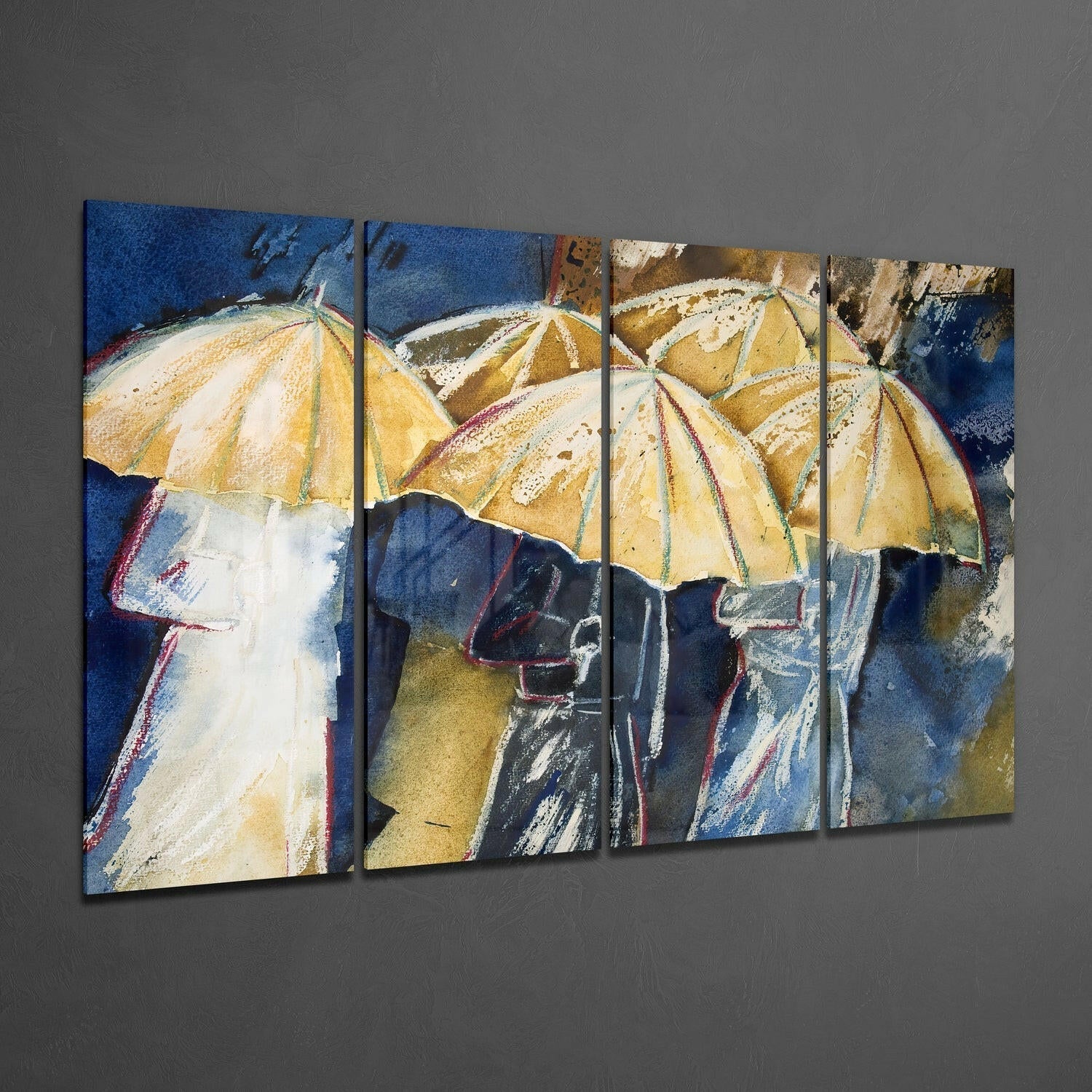 Four-panel glass wall art displaying figures holding yellow umbrellas against blue backgrounds with textured paint effects.