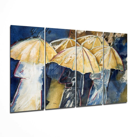 Four-panel glass wall art depicting yellow umbrellas against dark blue background with textured painted details.