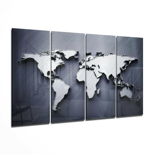 Four-panel embossed 3D world map on dark textured glass with white raised continents, displayed at an angled perspective view.