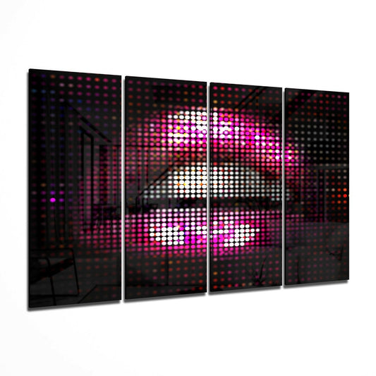Four glass panels displaying a pixelated pink and white lips design with dark background and colored dot matrix effect.