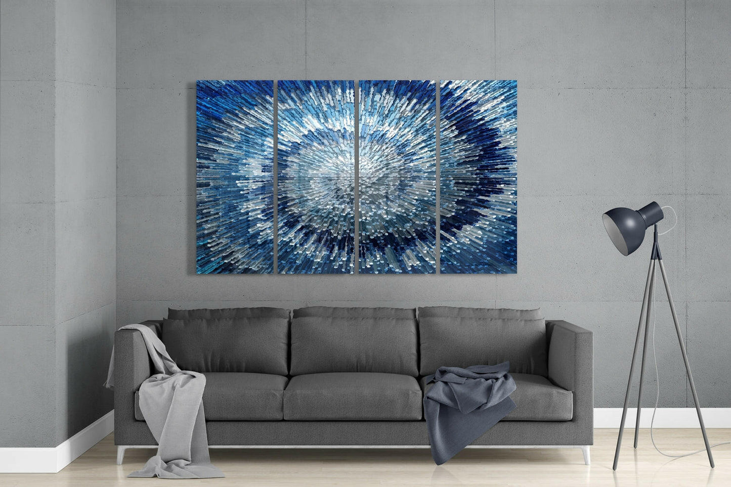 Blue Silver Radial Starburst 4 Pieces Mega Glass Wall Art