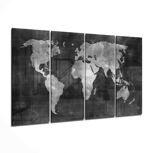 Four-panel black and silver world map glass wall art displayed at an angle, showing continents on dark gridded background.