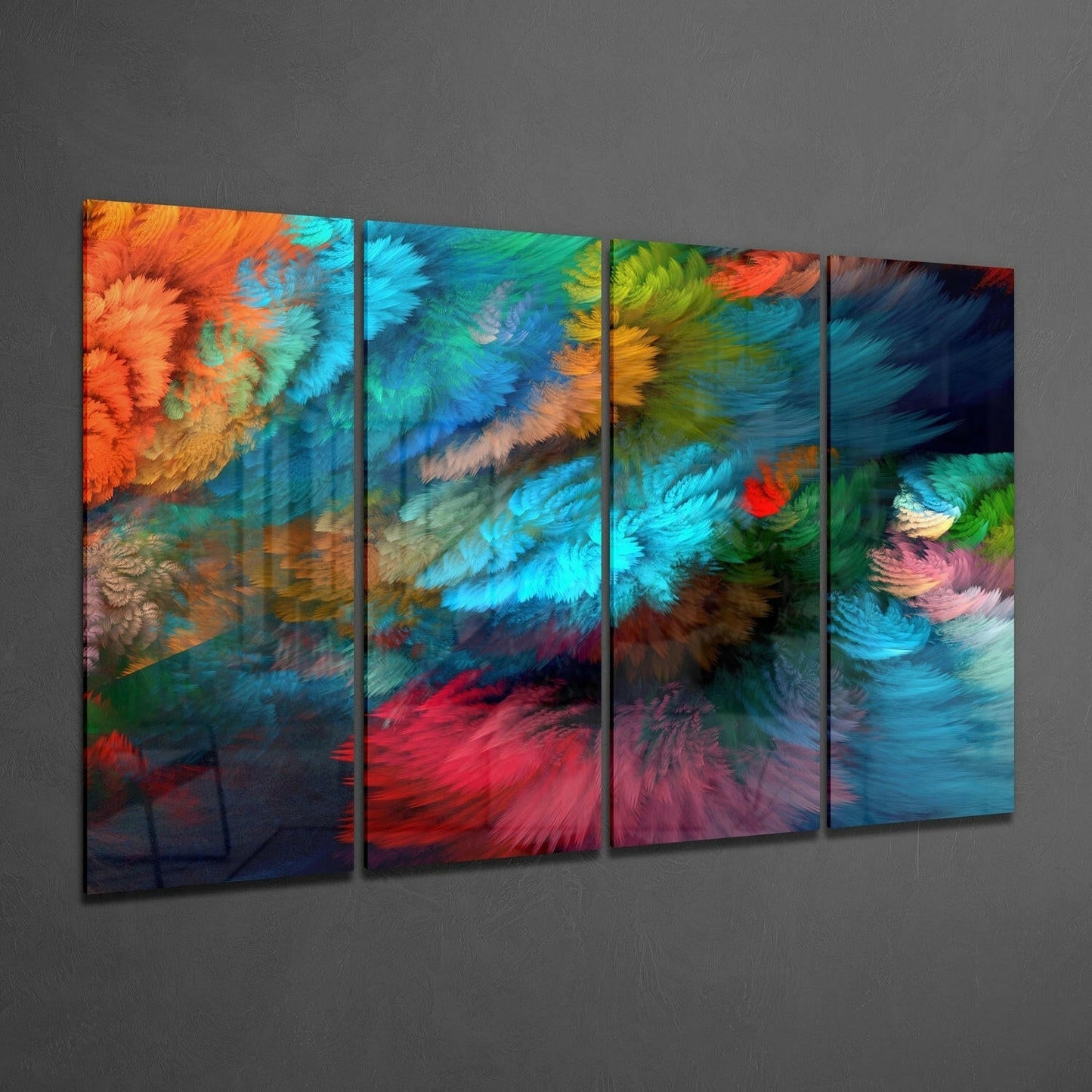 Four-panel glass wall art displaying vibrant swirling brushstrokes in orange, blue, green, red, and yellow mounted on gray wall.