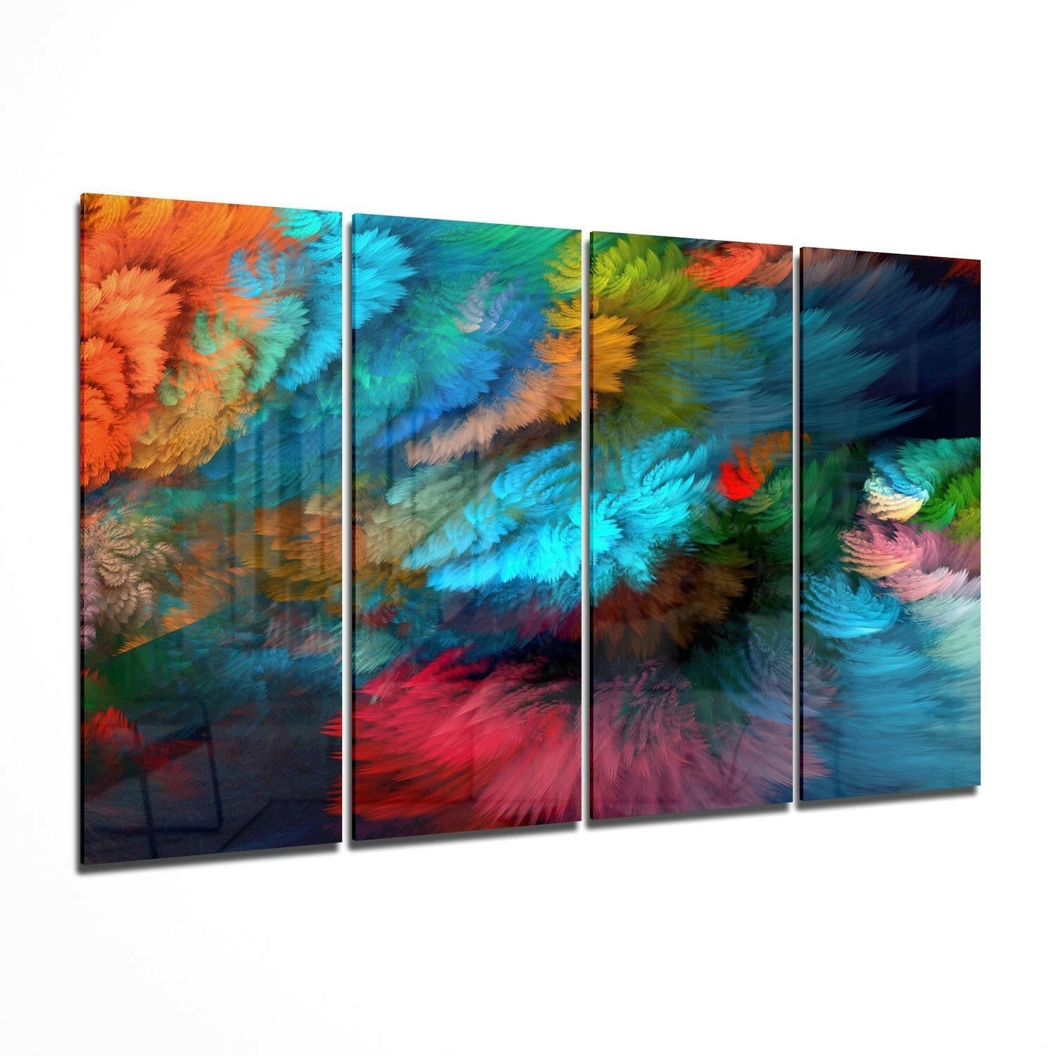Four-panel glass wall art displaying vibrant abstract brushstrokes in orange, blue, red, yellow, and green colors arranged in a dynamic composition.