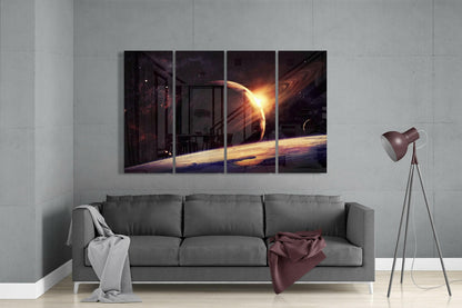 Four-panel glass wall art depicting a glowing planet and sun over Earth's horizon, displayed above a gray sofa in a modern living room.