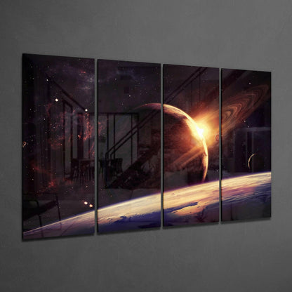 Four-panel glass wall art displaying a cosmic scene with glowing planets, starfield, and illuminated planetary surface against gray wall.