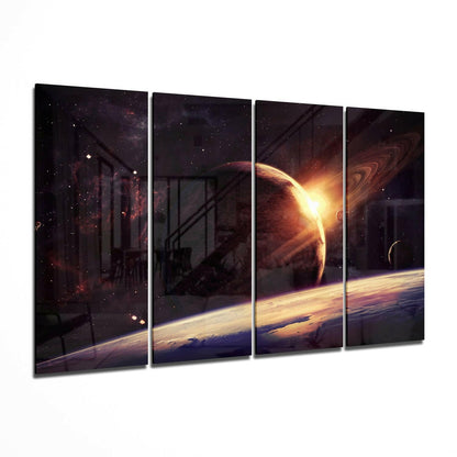 Four-panel glass wall art depicting a cosmic scene with a glowing planet rising above Earth's horizon against a starry sky and industrial silhouettes.