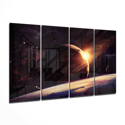 Four-panel glass wall art depicting a cosmic scene with a glowing planet rising above Earth's horizon against a starry sky and industrial silhouettes.