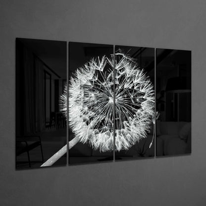Four black glass panels mounted on gray wall displaying a detailed black and white photograph of a dandelion seedhead.