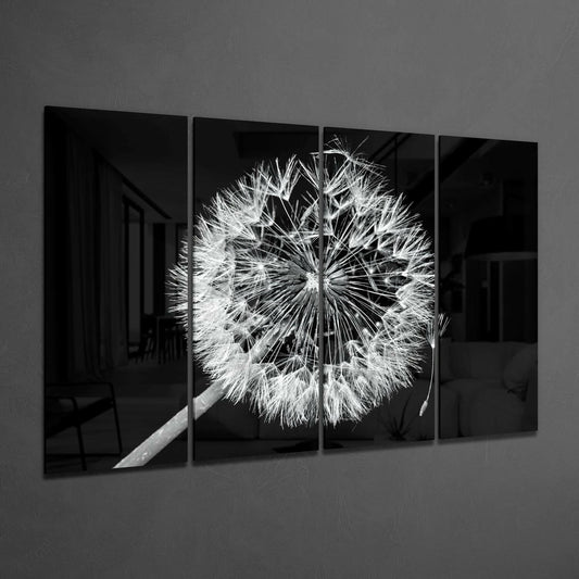 Four black glass panels mounted on gray wall displaying a detailed black and white photograph of a dandelion seedhead.
