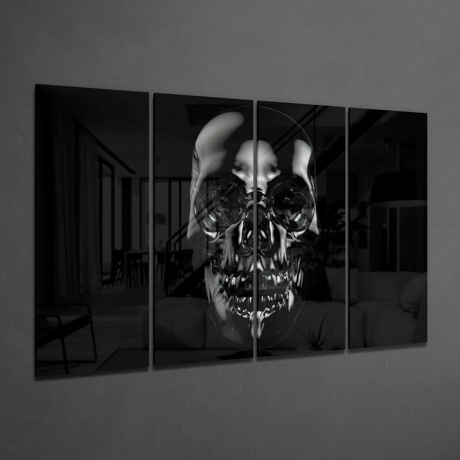 Four-panel black glass wall art displaying a monochromatic skull overlay on a human face in a modern interior setting.
