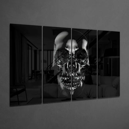 Four-panel black glass wall art displaying a monochromatic skull overlay on a human face in a modern interior setting.