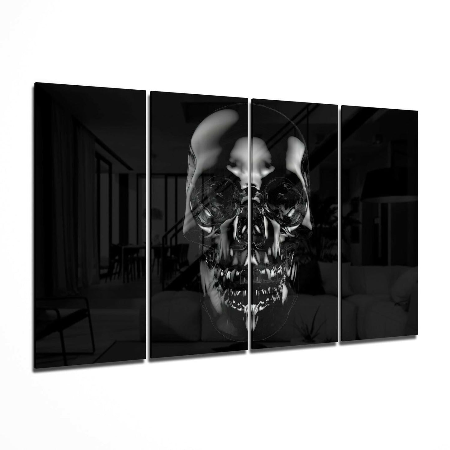 Four-panel black and white glass wall art displaying a skull superimposed over a person's face in a modern interior setting.
