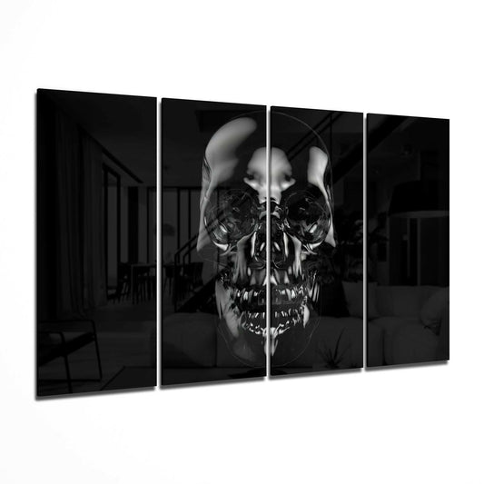 Four-panel black and white glass wall art displaying a skull superimposed over a person's face in a modern interior setting.
