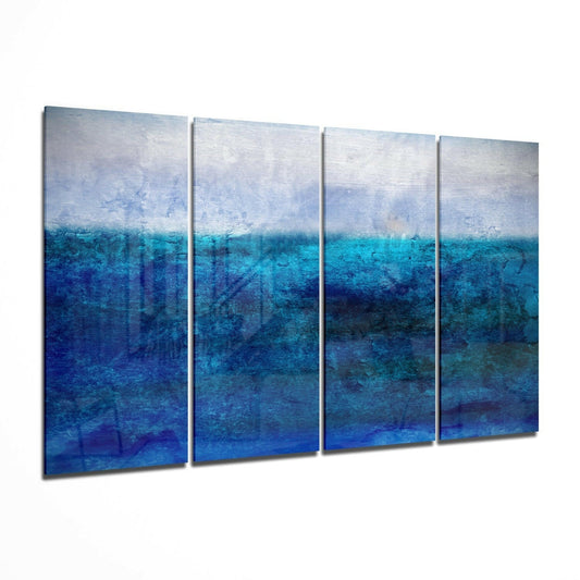 Four-panel glass wall art depicting a serene ocean horizon with soft gray sky transitioning to layered blue water tones, displayed at an angle.