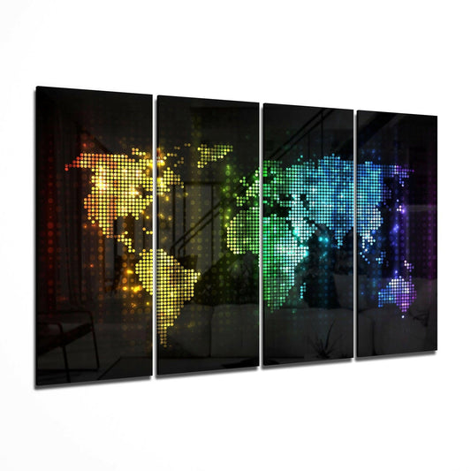 Four-panel glass wall art displaying a pixelated world map in neon rainbow colors against dark background, angled perspective view.