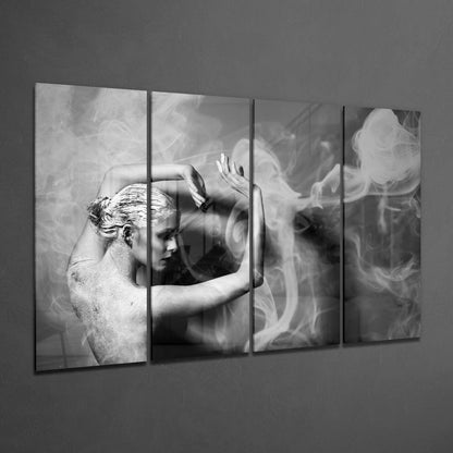 Four-panel black and white glass wall art showing a shirtless man with arms raised amid swirling smoke effects against gray wall.