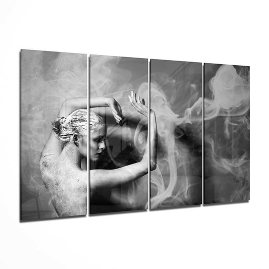 Black and white multi-panel glass art showing a shirtless man in profile surrounded by swirling smoke effects.