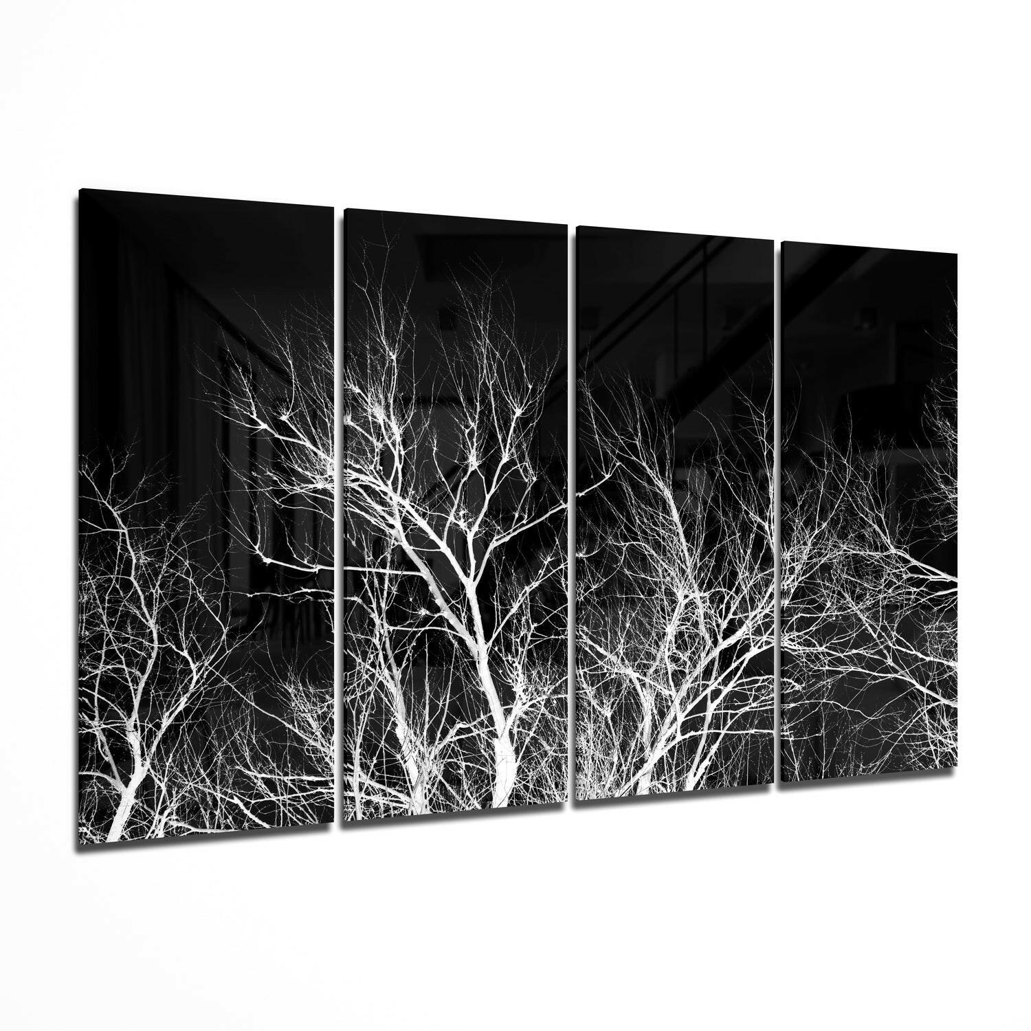Four black glass panels displaying white bare tree branches against dark background, arranged in a perspective view.