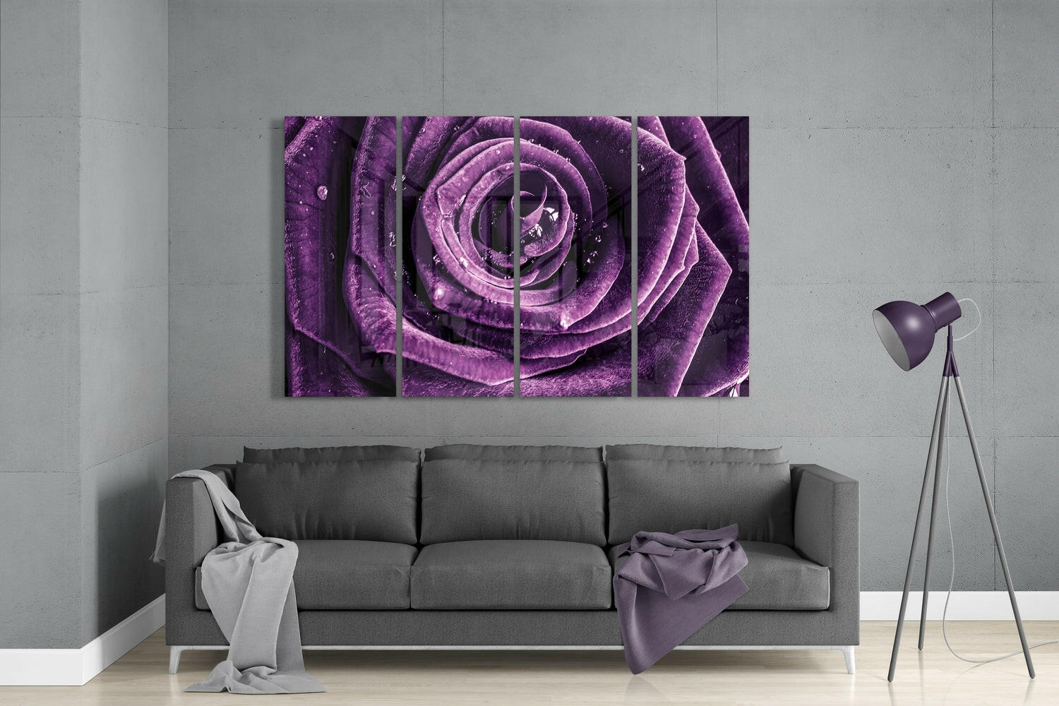 Modern living room with gray sofa displaying four-panel purple rose glass wall art above it.