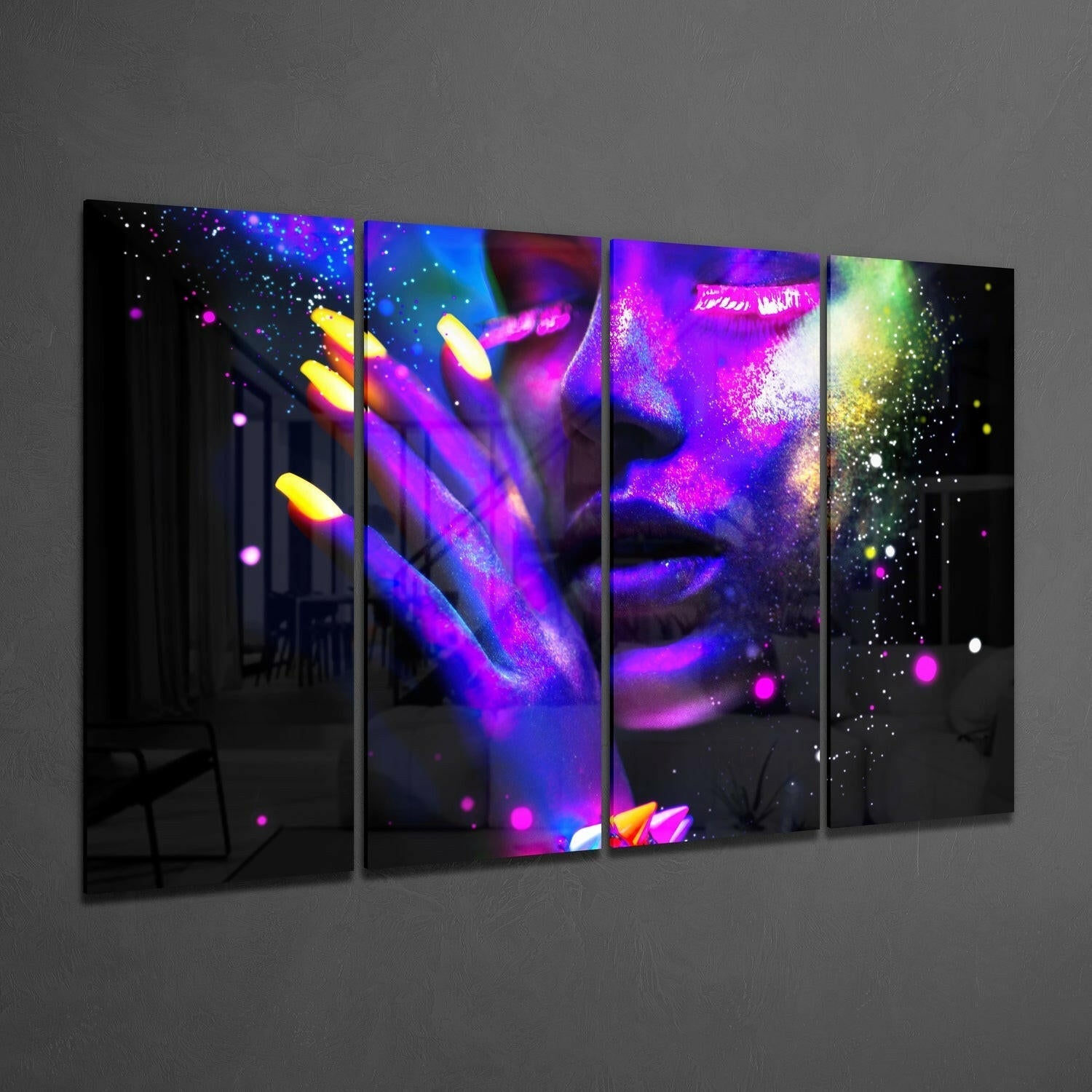 Four-panel glass wall art displaying a neon-lit woman's face with vibrant purple, blue, yellow, and magenta glowing effects against black background.