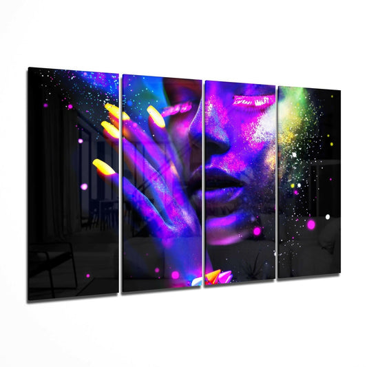 Four-panel glass wall art displaying a woman's face with neon blue, purple, pink, and yellow paint effects against a black background.