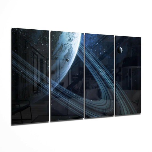 Four-panel glass wall art displaying a cosmic scene with a glowing planet, swirling blue-grey rings, stars, and a distant moon against dark space.