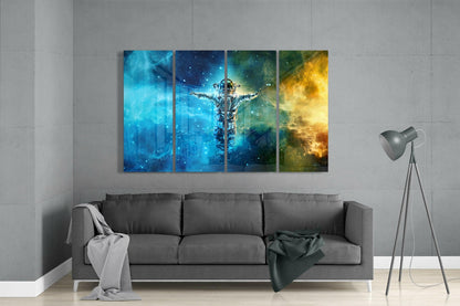 Astronaut Arms Open In Blue Gold Nebula 4 Pieces Mega Glass Wall Art