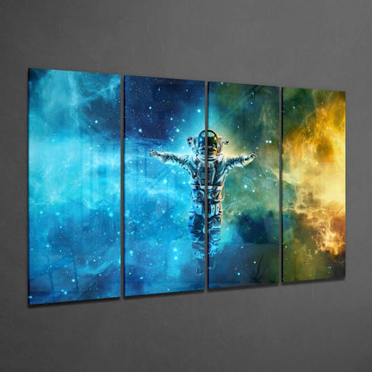 Astronaut Arms Open In Blue Gold Nebula 4 Pieces Mega Glass Wall Art