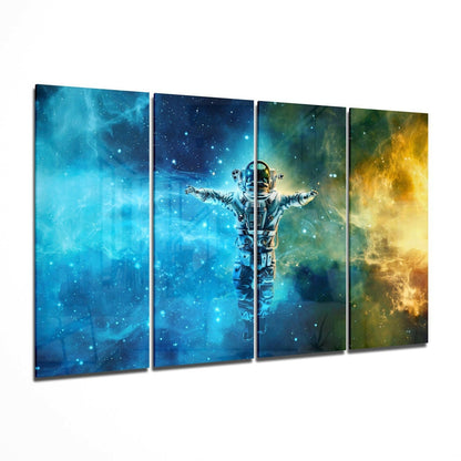 Astronaut Arms Open In Blue Gold Nebula 4 Pieces Mega Glass Wall Art
