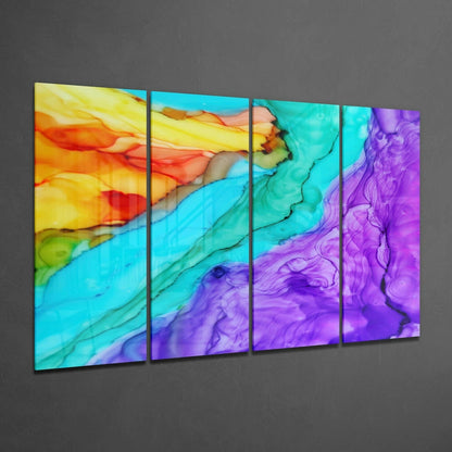 Four-panel glass wall art displaying flowing abstract ink patterns in yellow, orange, cyan, turquoise, and purple colors against gray wall background.