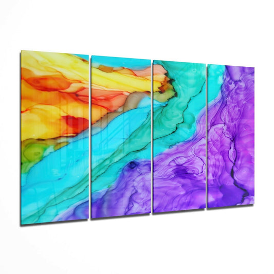 Four-panel glass wall art featuring swirling abstract ink patterns in yellow, orange, cyan, turquoise, purple, and blue colors flowing diagonally across panels.