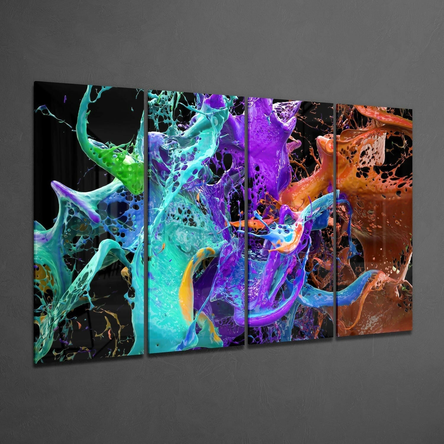 Four-panel glass wall art displaying vibrant swirling abstract liquid in cyan, purple, orange, and black against gray wall background.