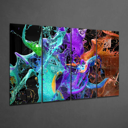 Four-panel glass wall art displaying vibrant swirling abstract liquid in cyan, purple, orange, and black against gray wall background.