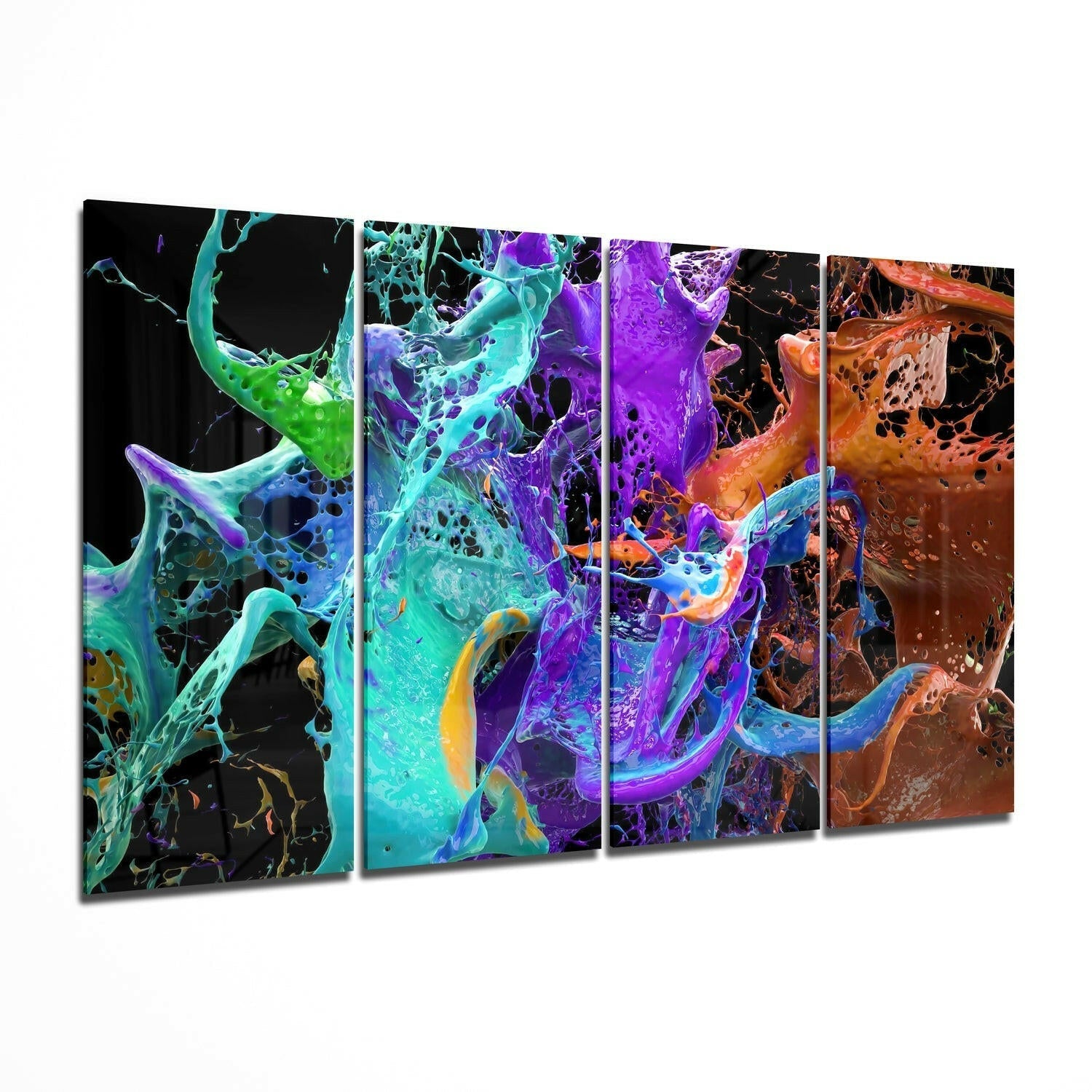 Four-panel glass wall art displaying vibrant swirling liquid in cyan, purple, orange, and blue against black background.