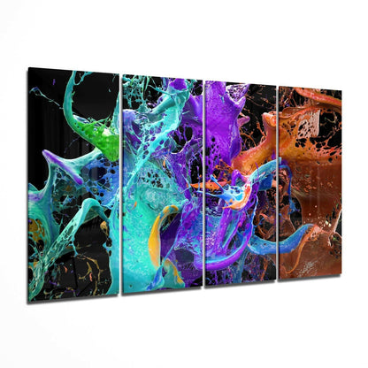 Four-panel glass wall art displaying vibrant swirling liquid in cyan, purple, orange, and blue against black background.