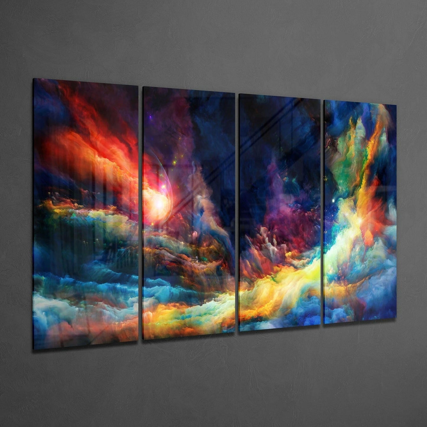 Four-panel glass wall art displaying an abstract cosmic scene with swirling red, orange, yellow, blue, and purple clouds against a gray wall.