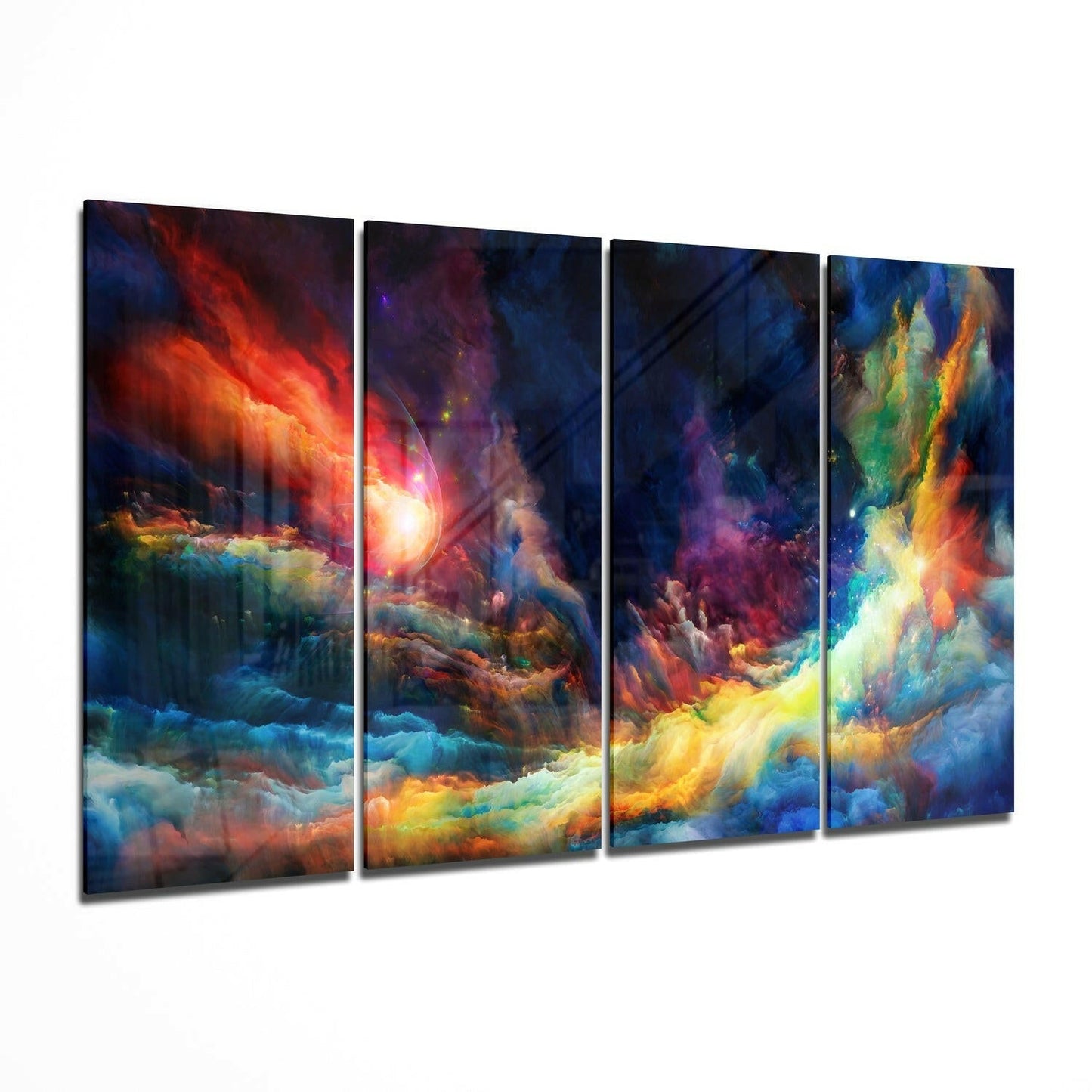Four-panel glass wall art displaying swirling cosmic clouds in vibrant reds, oranges, yellows, blues, and purples against dark space background.