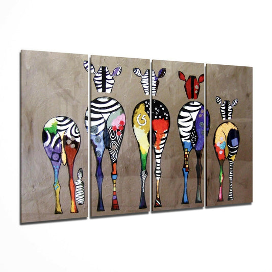 Four-panel glass wall art featuring colorful striped zebras with patterned bodies on beige background, displayed at an angle.