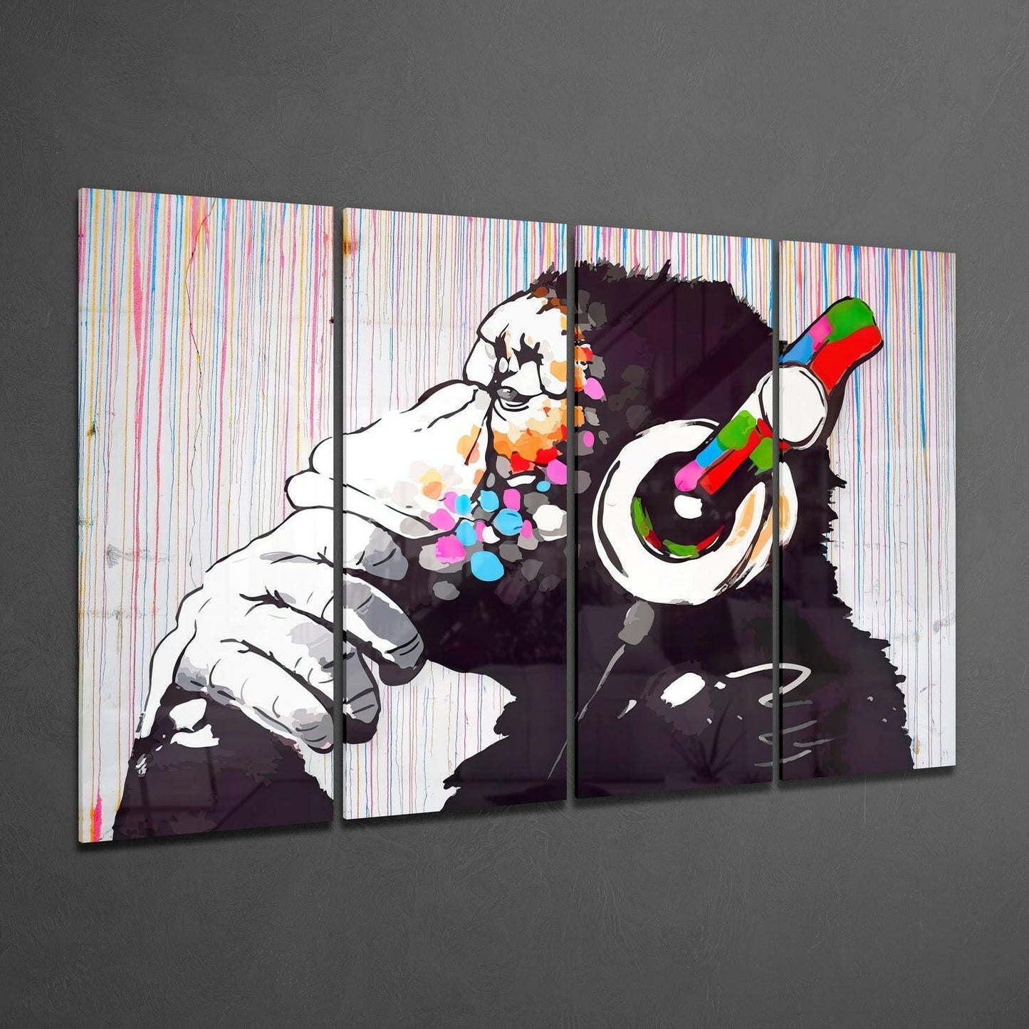 Thinking Chimp With Headphones Drip Stripes 4 Pieces Mega Glass Wall Art
