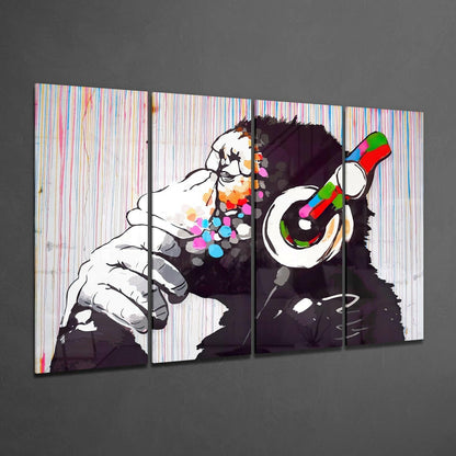Thinking Chimp With Headphones Drip Stripes 4 Pieces Mega Glass Wall Art