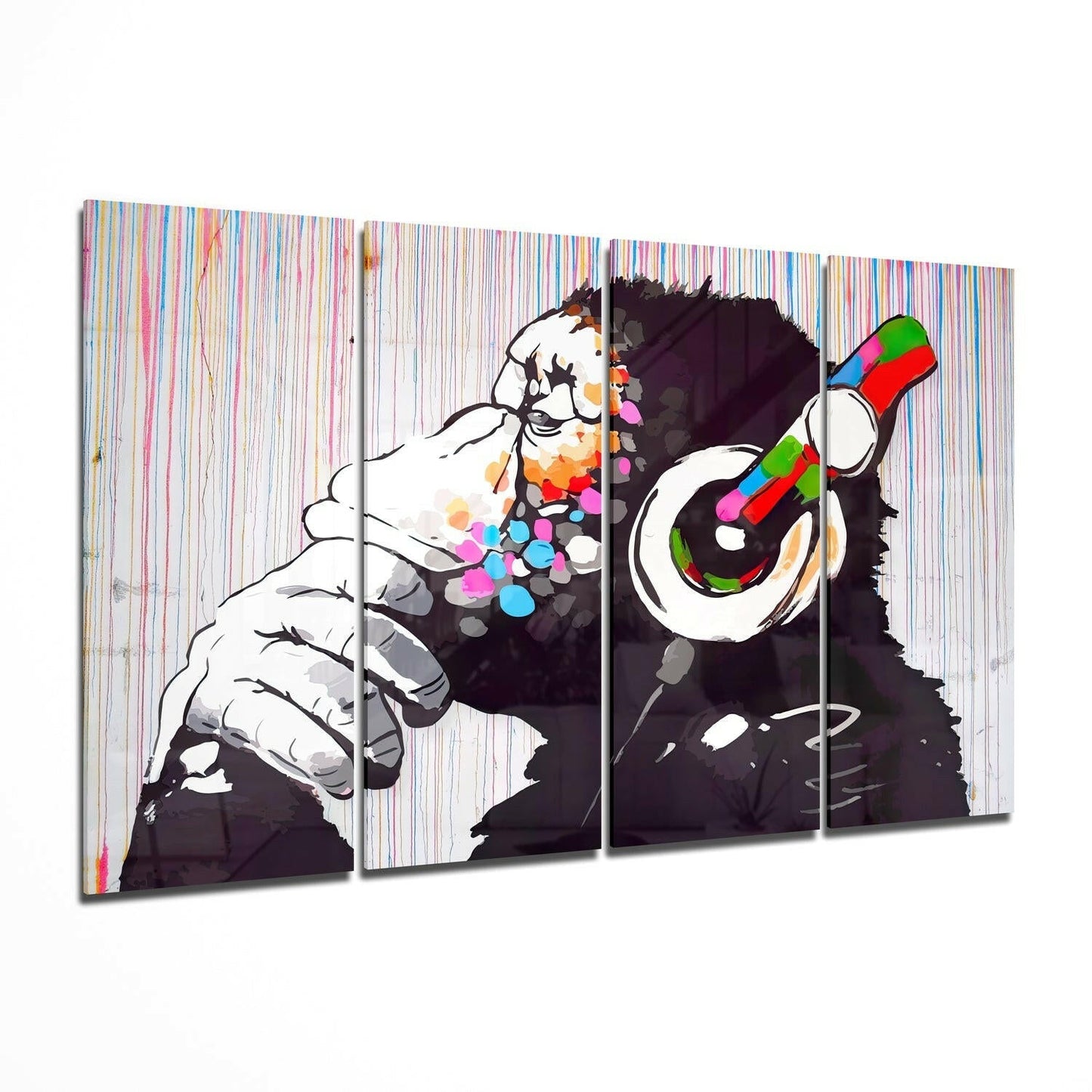 Thinking Chimp With Headphones Drip Stripes 4 Pieces Mega Glass Wall Art
